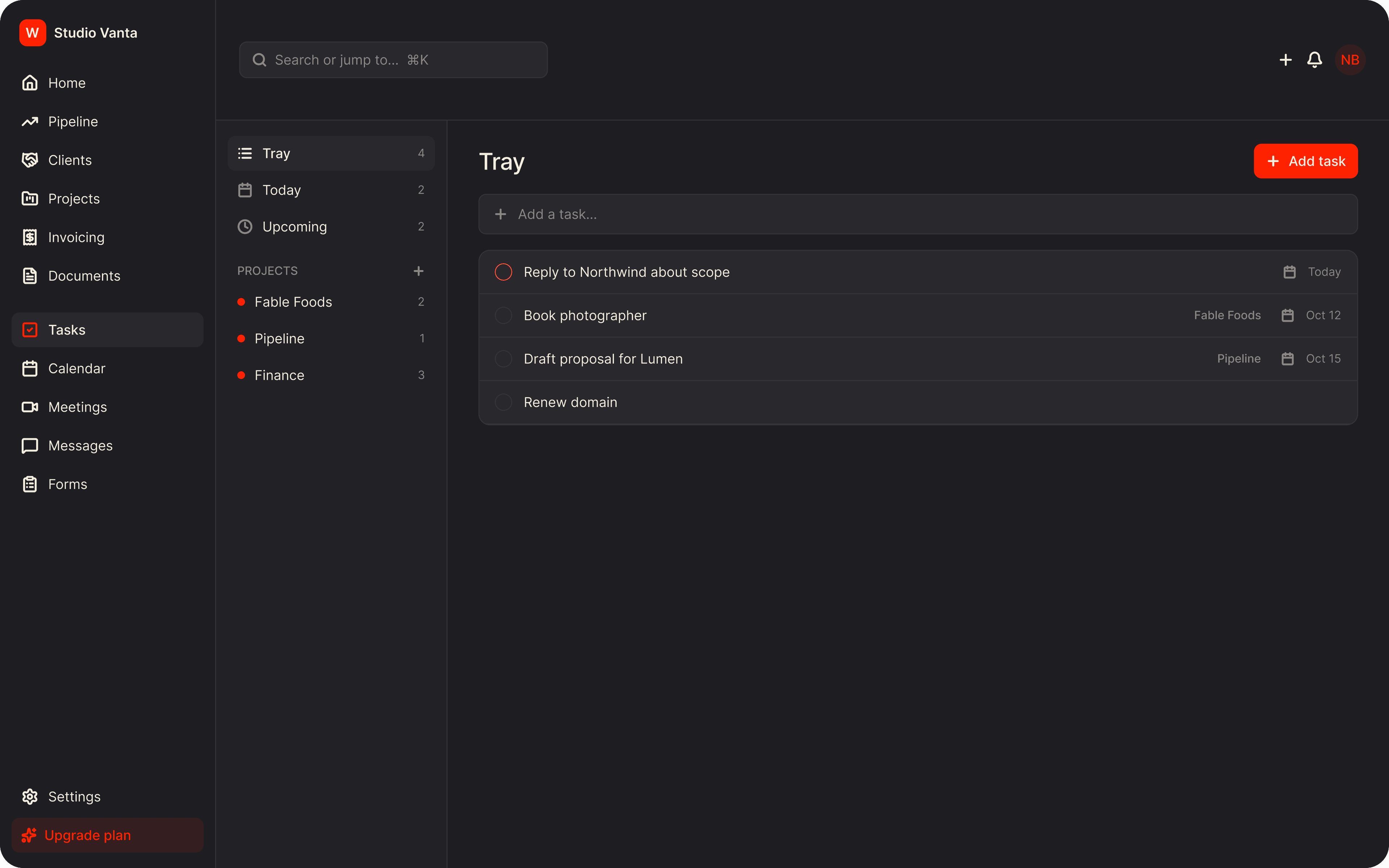 Inbox, Today and Upcoming task views